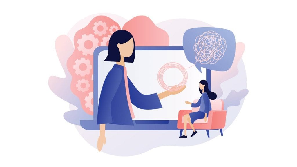 Illustrazione astratta di una sessione di terapia online, con un terapeuta che aiuta una paziente.